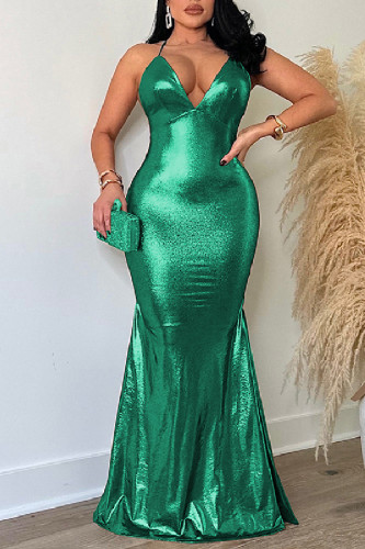Green Sexy Casual Solid Backless Spaghetti Strap Long Dress Dresses
