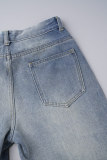 Ljusblå Casual Solid Ripped Patchwork Fickknappar Dragkedja Mid midja Vanliga jeansjeans