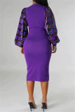Пурпурные повседневные лоскутные платья с круглым вырезом и длинными рукавами в стиле пэчворк
