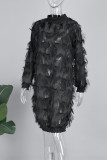 Black Sexy Solid Tassel Patchwork Slit Mandarin Collar Long Sleeve Dresses