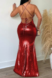 Rode sexy casual effen rugloze spaghettibandjes lange jurkjurken