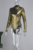 Bodysuits justos dourados sexy sólidos com decote em O