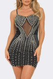 Zwarte sexy feest-elegante patchwork-mesh hete boor-jurken met spaghettibandjes