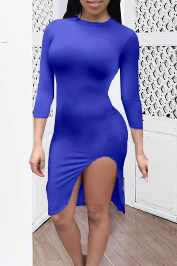 Vestidos de falda envueltos con cuello en O de patchwork liso elegante azul