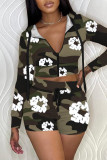 Khaki Casual Floral Print Patchwork Zipper Hooded Collar Long Sleeve Two Pieces Cropped Jackets And Short Set