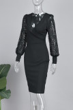 Black Elegant Solid Lace Bandage Patchwork V Neck Pencil Skirt Dresses