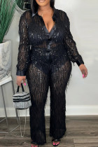 Black Sexy Party Elegant Turndown Collar Long Sleeve Two Pieces Tassel Sequins Blouse Tops And Pants Sets