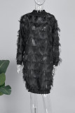 Черные сексуальные однотонные платья в стиле пэчворк с разрезом и воротником-стойкой с длинными рукавами