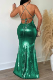 Vestiti lunghi dal vestito lungo dalla cinghia di spaghetti senza schienale solido casuale sexy verde