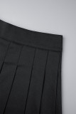 Bottoni patchwork solidi eleganti neri Colletto risvoltato pieghettato Manica lunga Due pezzi