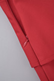 Vestidos de saia enrolados com gola aberta e casual vermelho sólido patchwork com babados