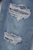 Light Blue Casual Solid Patchwork Pocket Buttons Zipper Mid Waist Straight Ripped Denim Jeans