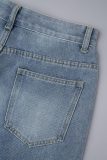 Jeans in denim dritto a vita media con bottoni con tasche patchwork strappati casual blu chiaro