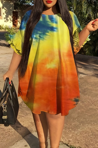 Mehrfarbiges, süßes, bedrucktes, Patchwork-Batik-Volantkleid mit O-Ausschnitt und bedrucktem Kleid in Übergröße