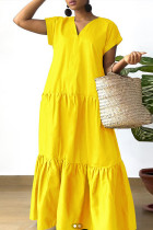 Gele zoete effen patchwork lange jurk met V-hals