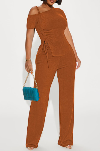 Brown Sexy Solid Patchwork Draw String Slit Spaghetti Strap Short Sleeve Two Pieces