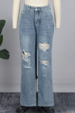 Light Blue Casual Solid Ripped Patchwork Pocket Buttons Zipper Mid Waist Straight Denim Jeans