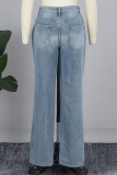 Hellblaue, legere, einfarbige, zerrissene, Patchwork-Jeans mit Taschen, Knöpfen, Reißverschluss und mittlerer Taille, gerade Denim-Jeans