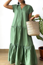 Robe longue verte douce en patchwork uni à col en V