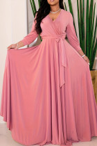 Rosa elegante sólido bandagem patchwork decote em V vestidos linha A