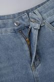 Light Blue Casual Solid Ripped Patchwork Pocket Buttons Zipper Mid Waist Straight Denim Jeans