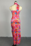 Rosafarbenes, süßes Patchwork-Kleid mit Neckholder und hohem Öffnungsdruck und bedrucktem Kleid