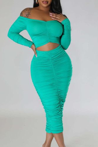 Cyan Celebrities Solid Patchwork Fold Off the Shoulder Long Dress Dresses