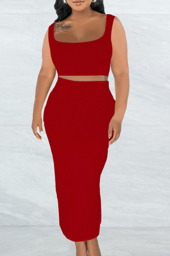 Red Sexy Solid Patchwork Square Collar Sleeveless Two Pieces