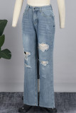 Azul claro casual sólido rasgado retalhos bolso botões zíper cintura média jeans reto