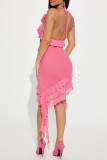ピンクのセクシーなソリッドタッセルパッチワークフラウンスホルターラップスカートドレス