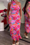 Pink Sweet Print Patchwork High Opening Halter Printed Dress Dresses