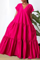 Rozerode zoete effen patchwork lange jurk met v-hals