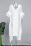ホワイト カジュアル ソリッド タッセル スリット V ネック 半袖 ドレス ドレス