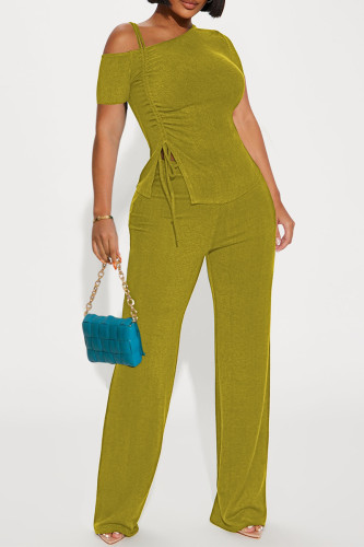 Green Yellow Sexy Solid Patchwork Draw String Slit Spaghetti Strap Short Sleeve Two Pieces
