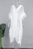 ホワイト カジュアル ソリッド タッセル スリット V ネック 半袖 ドレス ドレス