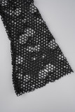 Zwart sexy effen gescheurd patchwork O-hals twee stukken met lange mouwen