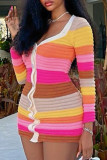 Цвет Сладкий Цветной блок Пэчворк Пряжка V-образный вырез Завернутая юбка Платья