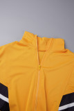 Gelb Lässiger Farbblock-Patchwork-Taschen-Reißverschluss-Umlegekragen Langarm-Zweiteiler