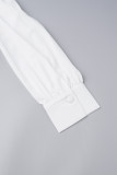 Weiße, elegante, solide Patchwork-Knöpfe mit Gürtel, plissiertes langes Kleid mit V-Ausschnitt