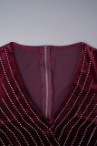 Robes fourreau bordeaux décontractées à perçage chaud, patchwork, fermeture éclair, col en V