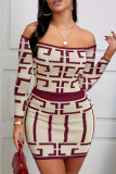 Green Casual Geometry Print Patchwork Long Sleeve Two Pieces Off the Shoulder Tops And Skirt Sets