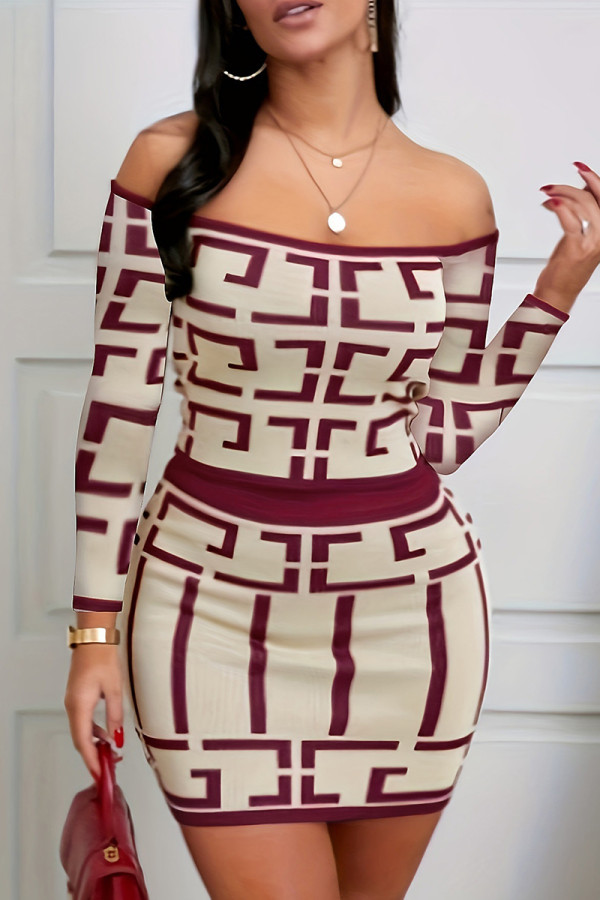 Burgundy Casual Geometry Print Patchwork Long Sleeve Two Pieces Off the Shoulder Tops And Skirt Sets