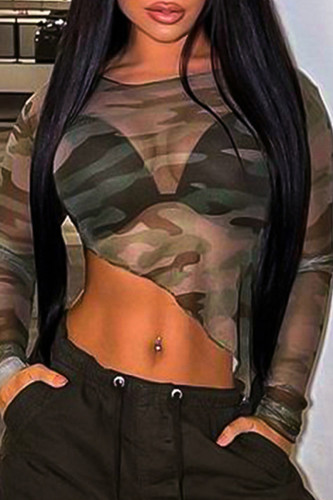 Army Green Street Camouflage Print Patchwork See-through O Neck Tops