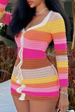 Colour Sweet Color Block Patchwork Buckle V Neck Wrapped Skirt Dresses