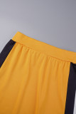 Gelb Lässiger Farbblock-Patchwork-Taschen-Reißverschluss-Umlegekragen Langarm-Zweiteiler