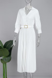 Tiefblaue, elegante, solide Patchwork-Knöpfe mit Gürtel, plissiertes langes Kleid mit V-Ausschnitt