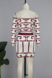 Red Casual Geometry Print Patchwork Long Sleeve Two Pieces Off the Shoulder Tops And Skirt Sets