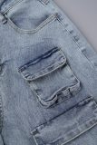 Light Blue College Solid Patchwork Pocket Buttons Zipper Mid Waist Straight Denim Jeans