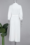 ホワイトエレガントな固体パッチワークボタンベルト付きプリーツ V ネックロングドレスドレス