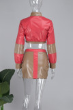 Red Sexy Patchwork Slit Contrast Zipper O Neck Long Sleeve Two Pieces